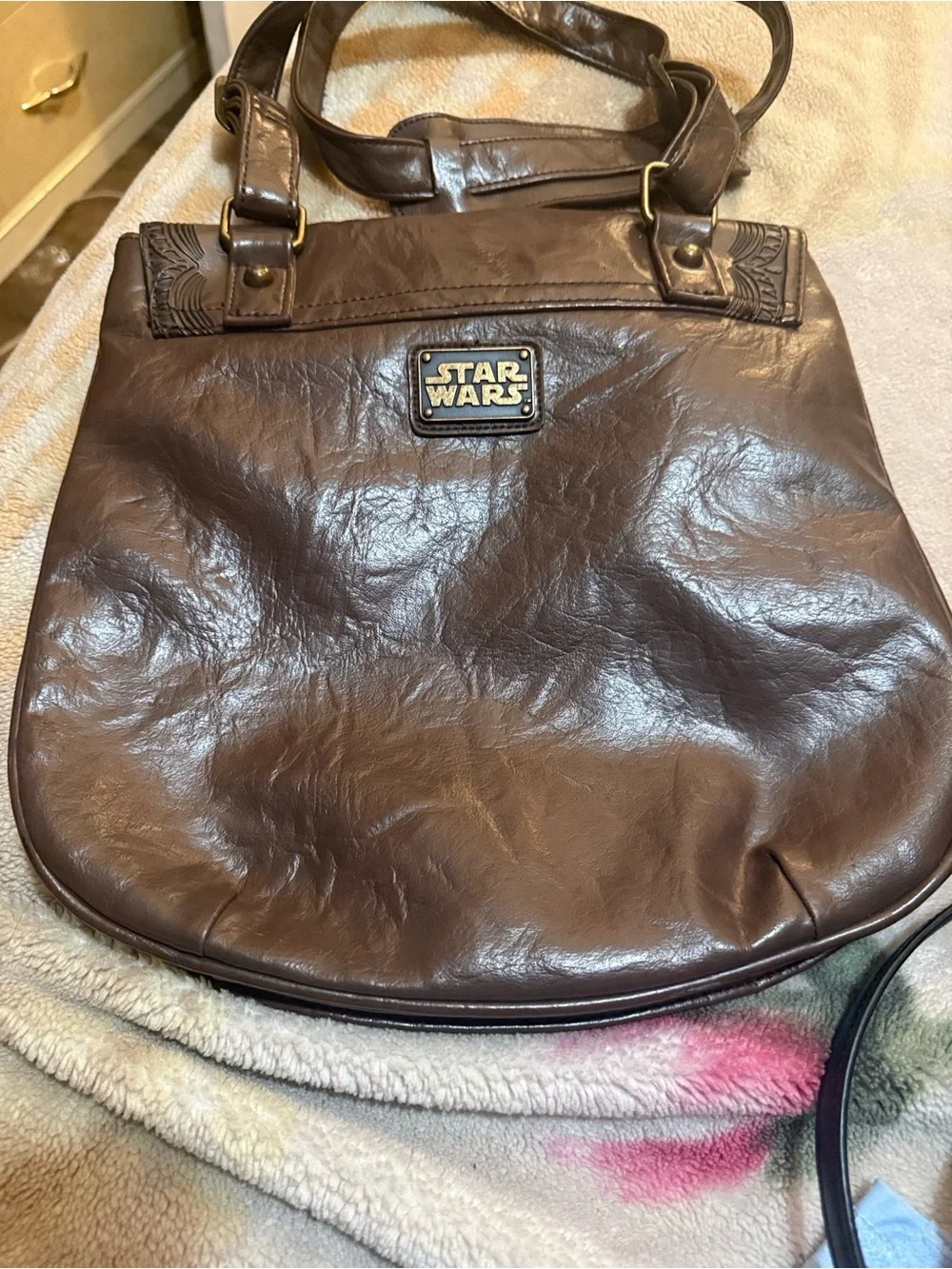 Star Wars Brown Leather Messenger Bag with Embossed Mandalorian Design